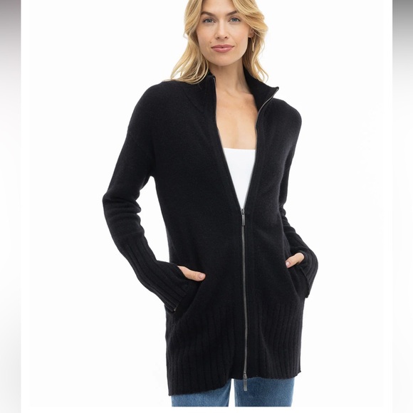Pura Black 100% Cashmere Zip-Up Sweater XS Long Sleeve Tunic Length Cardigan - Picture 8 of 8